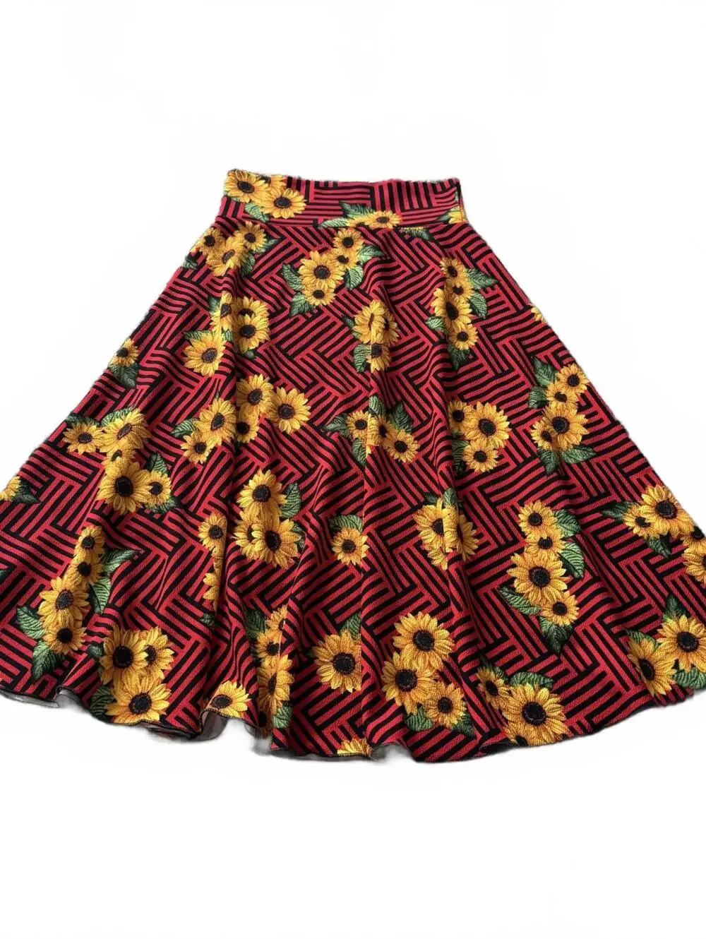 Red Sunflower Skater Skirt Flowy Mini Geometric Print Y2K High Waist Size S